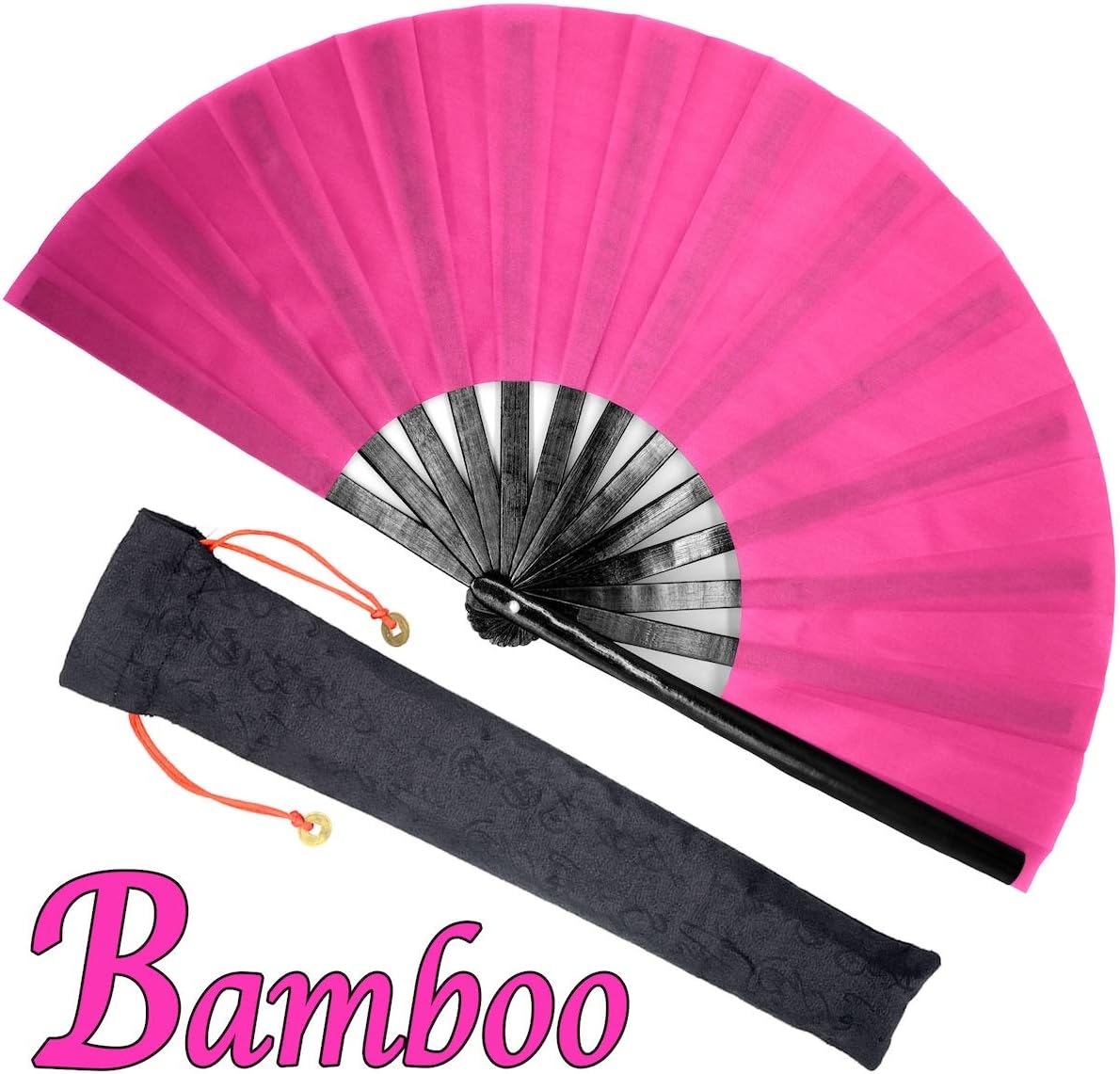 OMyTea Bamboo Large Rave Folding Hand Fan for Men/Women - Chinese Japanese Kung Fu Tai Chi Handheld Fan with Fabric Case - for Performance, Decorations, Dancing, Festival, Gift (Pink)