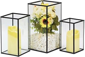 YSHENGOOD Hurricane Candle Holder 3 PCS, Black Glass Candle Holder Square Hurricane Candle Centerpieces for Tables Decorative, Wedding, Party