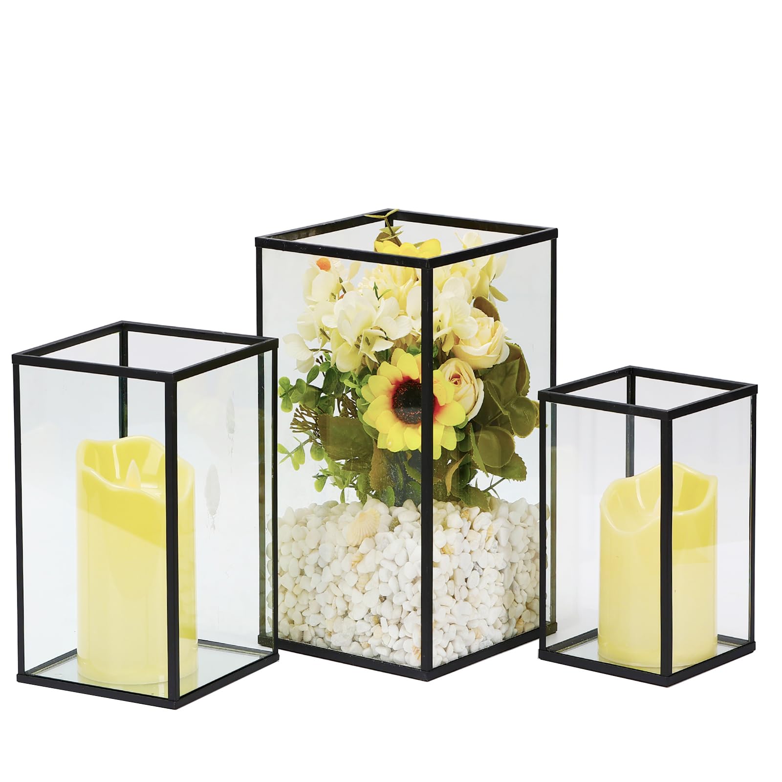 Photo 1 of Hurricane Candle Holder 3 PCS, Black Glass Candle Holder Square Hurricane Candle Centerpieces for Tables Decorative, Wedding, Party