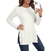 LYANER Women's Button Split Slit Sides Scoop Neck Long Sleeve Blouse Tunic Top