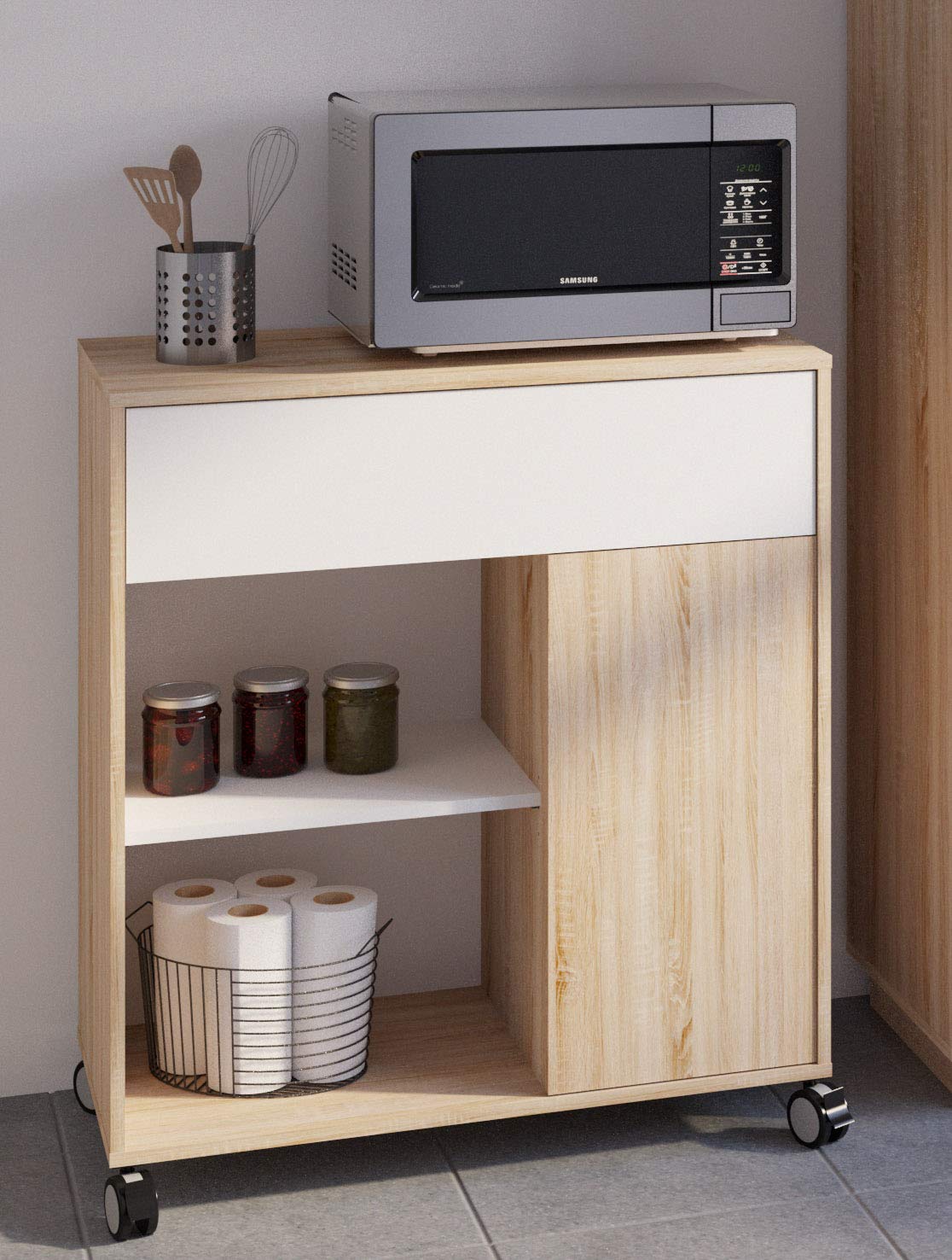 Miroytengo Mueble Microondas Cocina Con Ruedas Bufe Color Roble Y