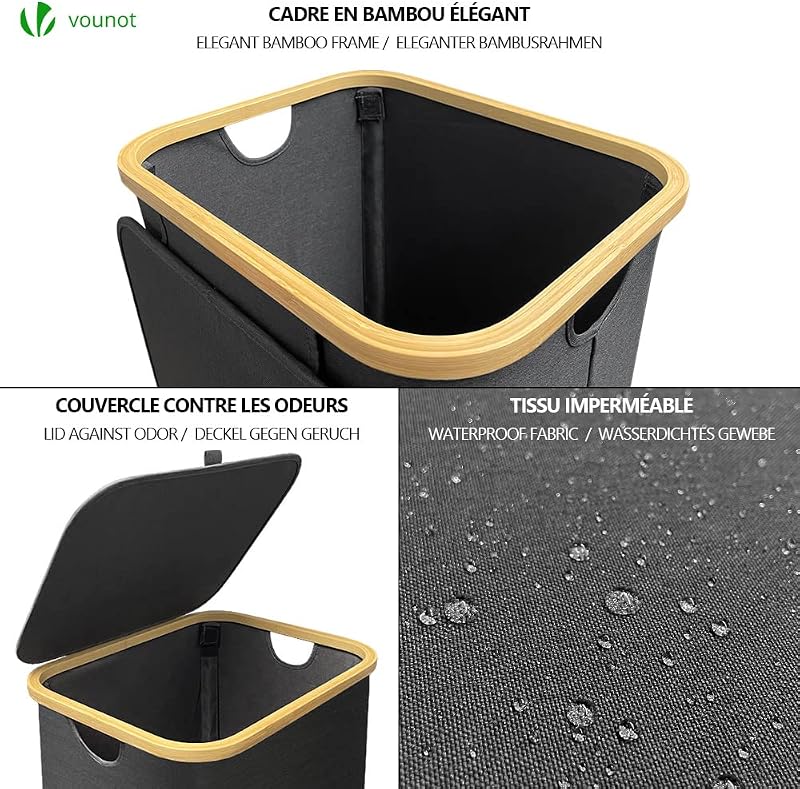 ® Cesto Portabiancheria 100L con Ruote, Cesta Biancheria Sporca con Coperchio e Manici in Bambù, Porta Biancheria Pieghevole Cesta Panni Sporchi per Bagno o Lavanderia Vestiti, Grigio
