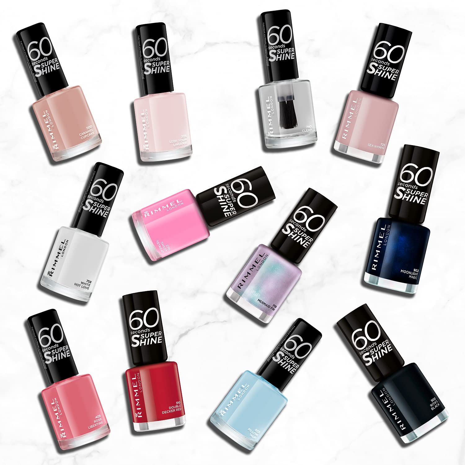 RIMMEL LONDON - 60 Seconds Super Shine Nail Polish Set - Super Glossy, Ultra Shiny Finish - Precise One Stroke Application - Up To 10 Days Wear - High Impact Colour - 12 Assorted Shades