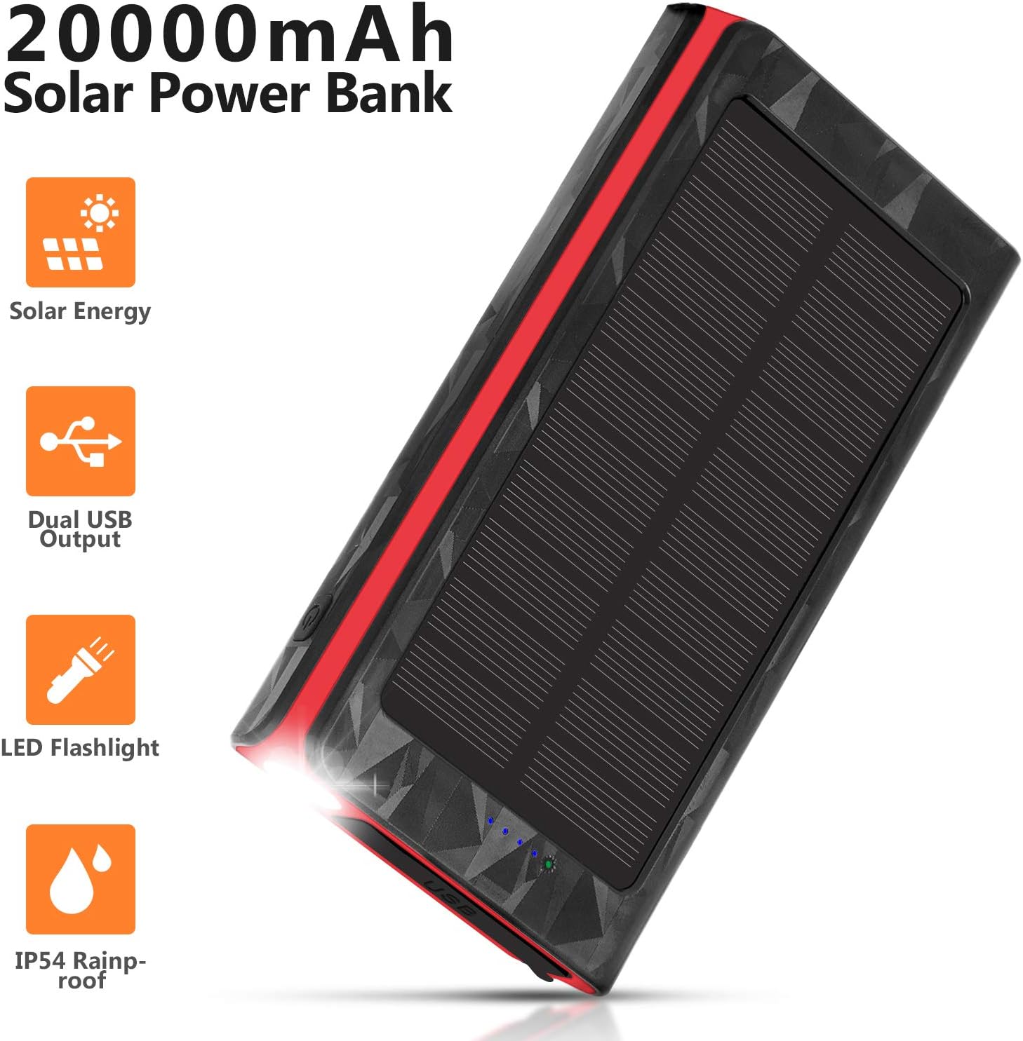 Solar Charger 20000mAh, Portable Phone Charger External Battery Pack, Compatible with iPhone Samsung Tablets & More, Type-C and Micro USB Inputs, 3 Outputs, Flashlight, Lanyard, IP54 Rainproof: Electronics