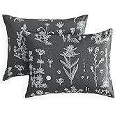 Wake In Cloud - Floral Pillow Cases, Botanical Flower Cottagecore Pattern Printed, Set of 2 Soft Pillowcases Pillow Shams Covers, Dark Grey, Standard Size 20x26 Inches