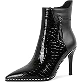 Soireelady Women Ankle Boots High Heel Boots Pointed Toe Stilettos Booties Beaded Short Boots Side Zipper 4 Inch