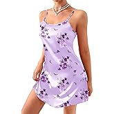 Vrtige Women's Nightgown Satin Heart Print Lingerie Silk Full Slip Nightdress Chemise Sleepwear