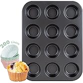CARTMAN 1 Muffin Pan with 200 Cupcake Liners, Nonstick 12-Cup Muffin Tin, Carbon Steel Cupcake Pan for Baking Muffins, Egg Bites, Brownies & More