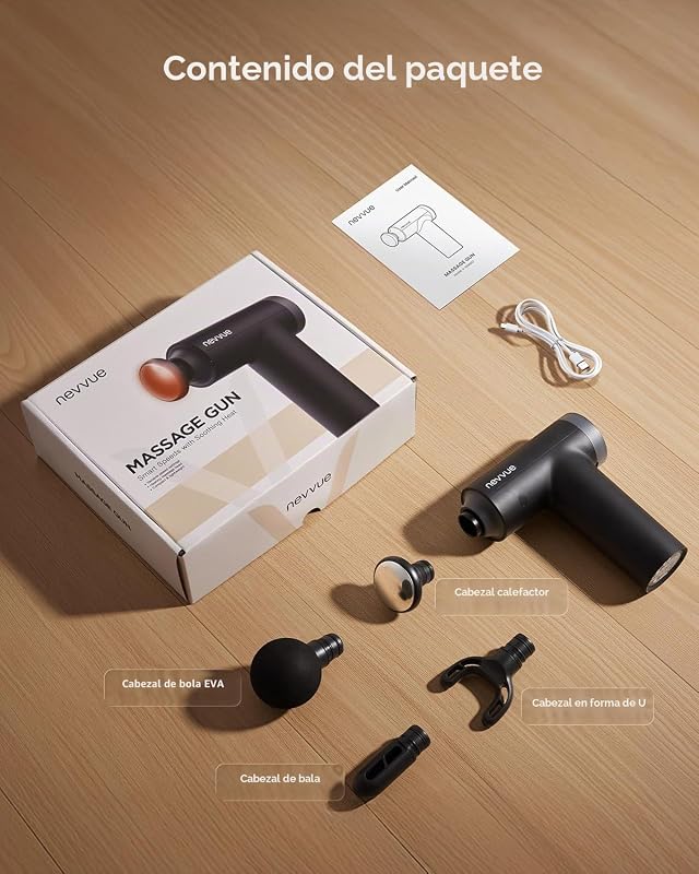 Mini pistola de masaje con calor,Pistola de masaje de tejido profundo NEVVUE con 9 velocidades y 4 cabezas,Pistola de masaje de músculo de percusión,Negro