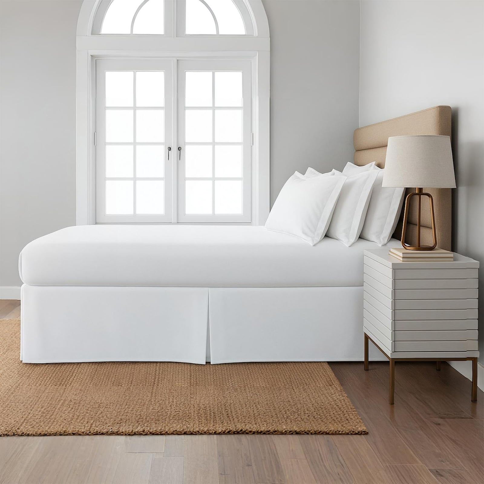 Photo 1 of Cottingon Box Pleated Bed Skirt with Split Corners, 100% Microfiber Soft, Sheen & Luxurious Look, Tailored Drop Easy Fit, Full 18", White