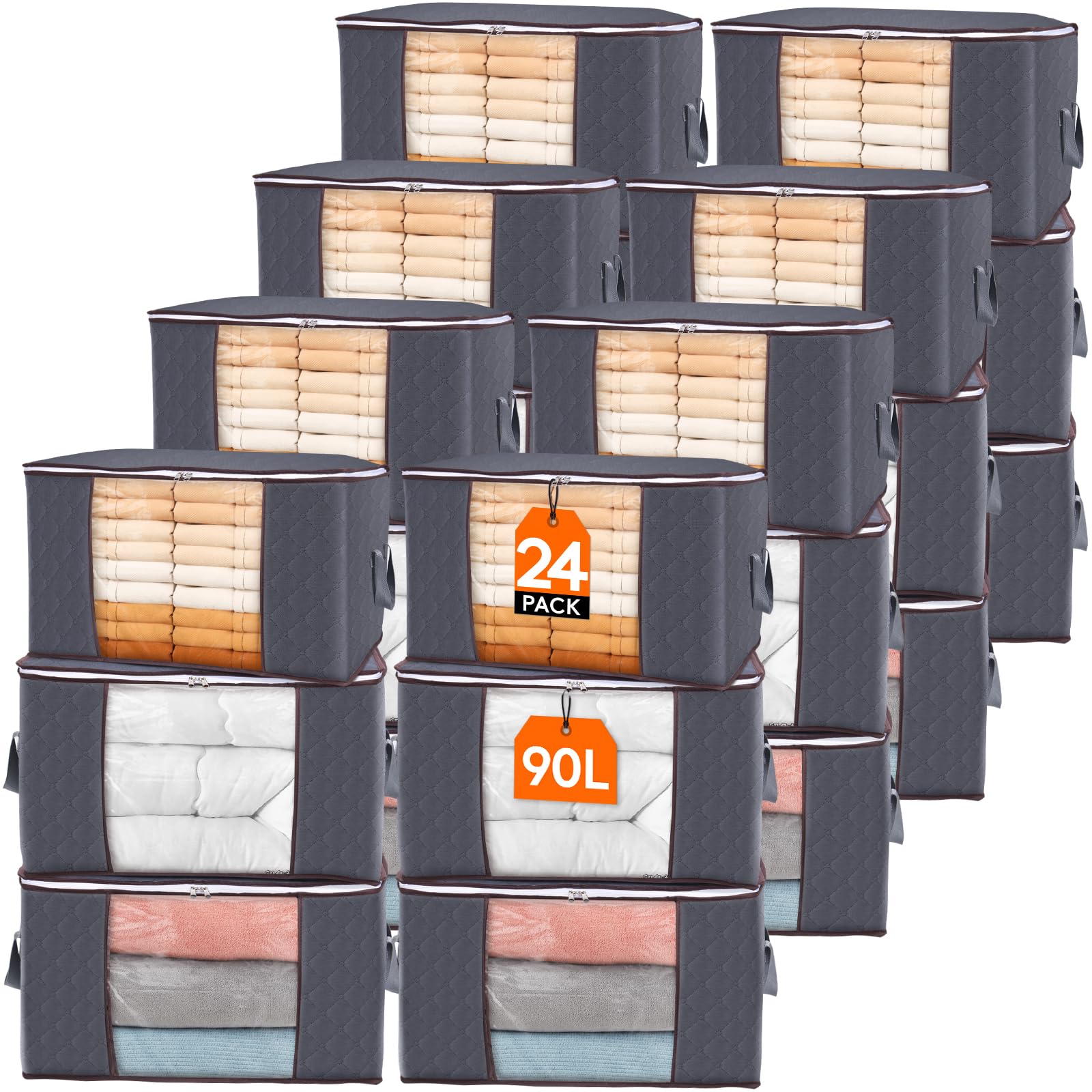 Lifewit 24 Pack 90L Clothes Storage Bins with Lids, Foldable Blanket Storage Bags with Zippers, Clear Window and Reinforced Handles, Closet and Organization for Clothing, Sweater, Comforter, Bedding Image