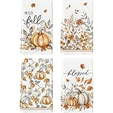 Artoid Mode Pumpkin Hello Fall Kitchen Towels Dish Towels, 18x26 Inch Autumn Blessed Floral Leaves Decoration Hand Towels Set of 4