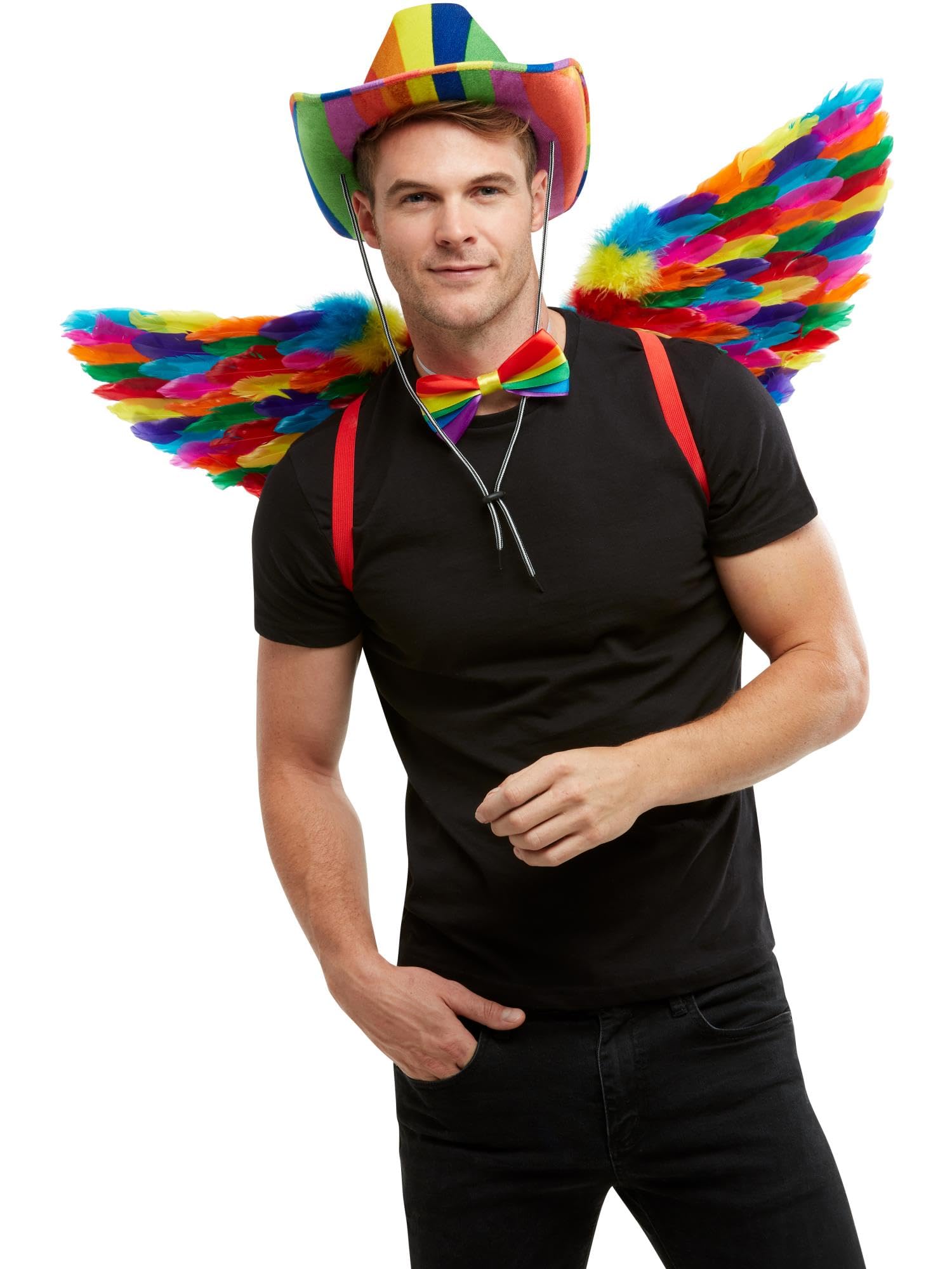 Smiffys Rainbow Feather Wings, Multi-Coloured 80cm/31in, Rainbow/Gay Pride Items Fancy Dress, Adult Dress Up Accessories