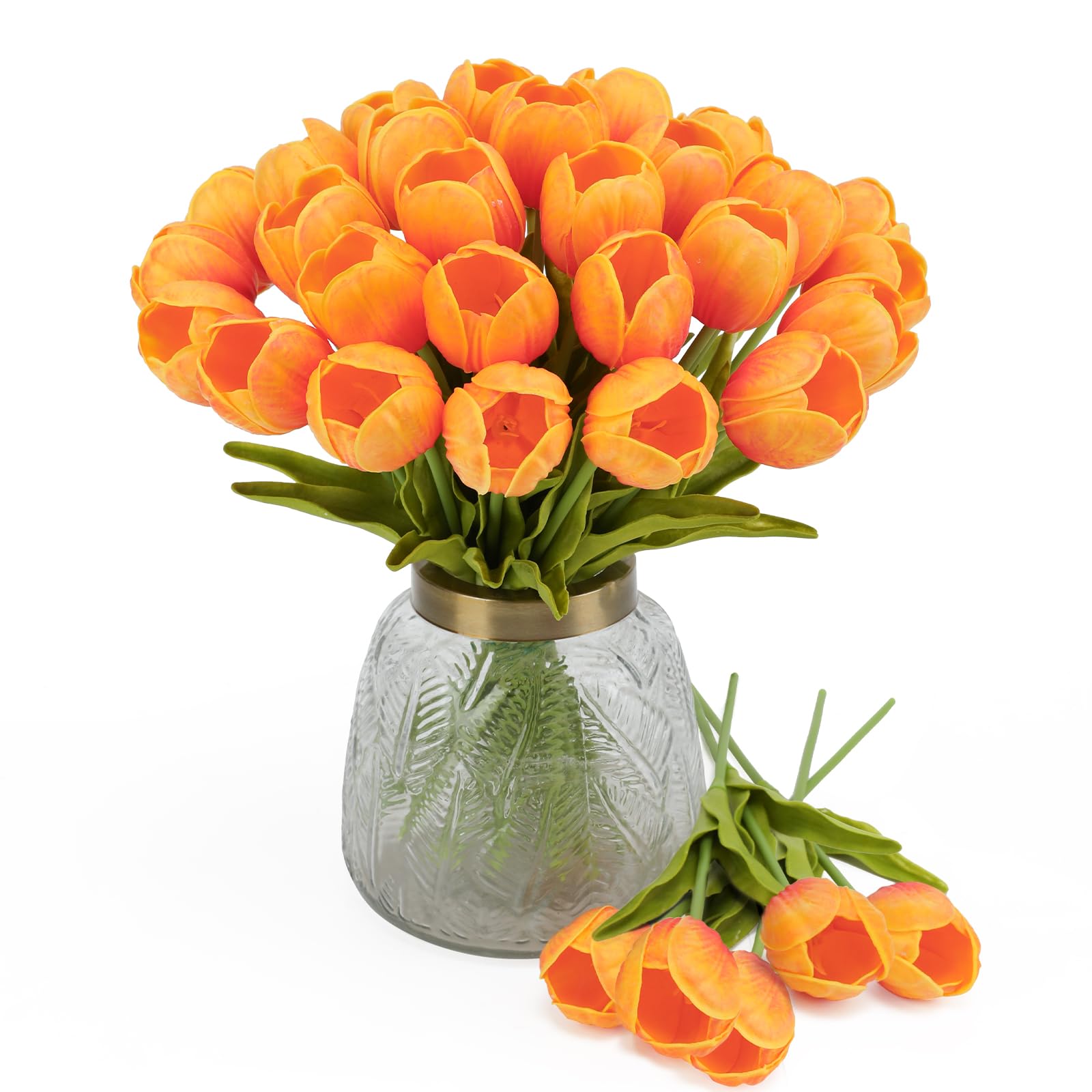 LUWENER 15Pcs Fake Tulips Flowers, Artificial Latex Tulip Flowers,Faux Tulip Flower Real Touch for Wedding Room Home Hotel Party Decoration and DIY Decor(Orange)