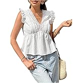 Floerns Women's Summer Ruffle Sleeveless Tank Top Lace Trim V Neck Flared Camisole
