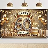 Tomhong 60th Birthday 71x43 Inch Banner for Party Decoration Gold Balloons Cake and GiftsElegant Celebration Decor for Women Men Indoor Outdoor