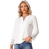 Allegra K Boho Blouse for Women's Half Button Placket Long Sleeve Lace Crochet Blouses