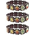 PURPLE WHALE Unisex Religious Wooden Bracelet, Assorted Images Saints, Jesus, Angels Rosary, Stretchable Adjustable Bracelet, Catholic Jewelry Gift, Brown, 3 Piece