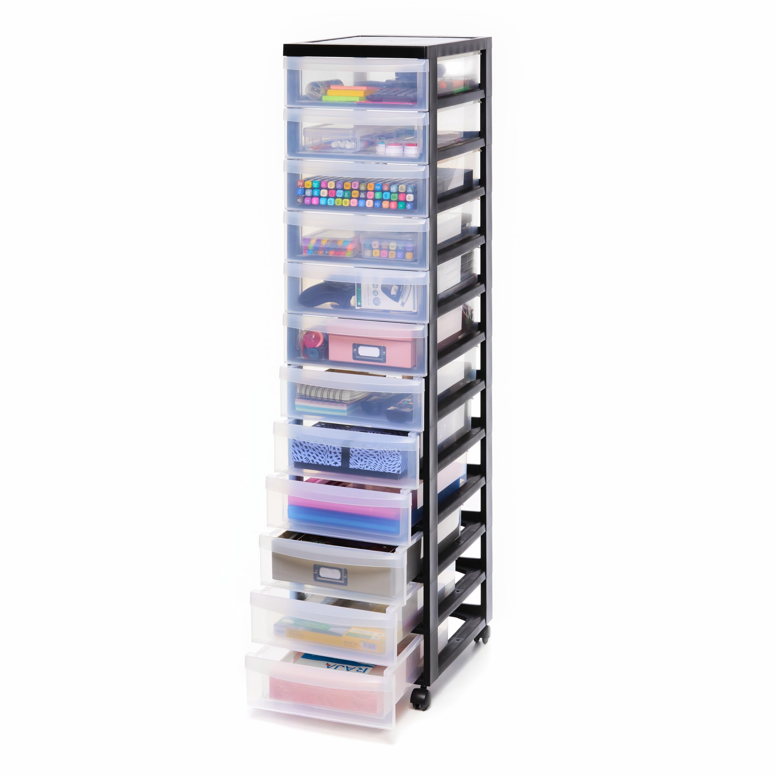 Iris Ohyama, Plastic Drawers Storage Unit, Plastic Storage Drawers, A4 Format & 4 Wheels, H120cm/12 Drawers, BPA Free, Black, W40 x D29 x H120cm, DC-012