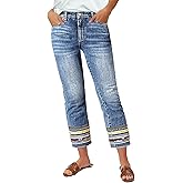 Flamingals Straight Leg Cropped Jeans for Women Trendy Mid Rise Stretchy Tribal Embroidery Raw Hem Ankle Jeans