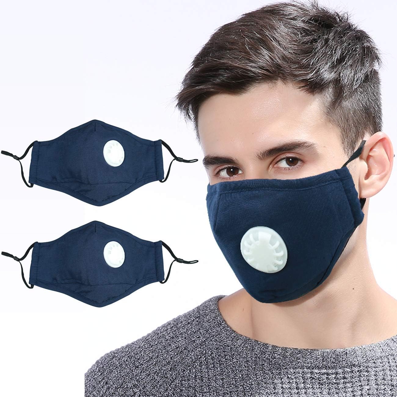 Set of 2 Cotton Face Masks,Anti-dust Breathing Mouth Mask Blue,Washable,Reusable Protective Mask wtih 4 Replaceable Filter for Cycling Traveling Outdoor Sports Adults Men Women …