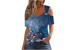 TARIENDY Women's Cold Shoulder Tops Short Sleeve V Neck Tees Dressy Casual Loose Fitting Tunic Blouses Trendy 2024 Summer