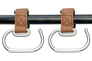 DEIHAALEN 2 Pcs Stroller Hooks, Mommy Stroller Clip and Stroller Accessories Organizer Hook, Brushed Aluminum Hook for Strollers/Walkers/Mobility Scooter/Wheelchair/Rollator(Brown)