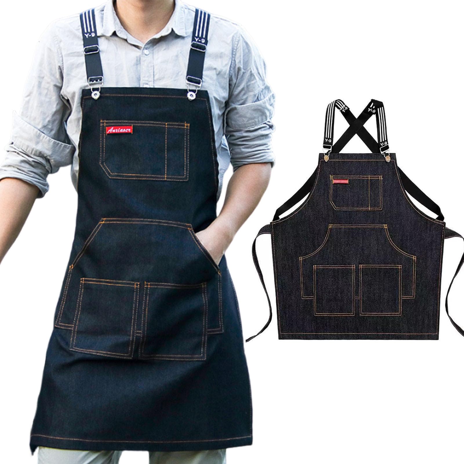 Gaf Nuncew Denim Chef Apron for Men & Women, Heavy Duty Work Apron with 5 Pockets, Bib Aprons for Kitchen, Cooking, BBQ, Gardening, Workshop