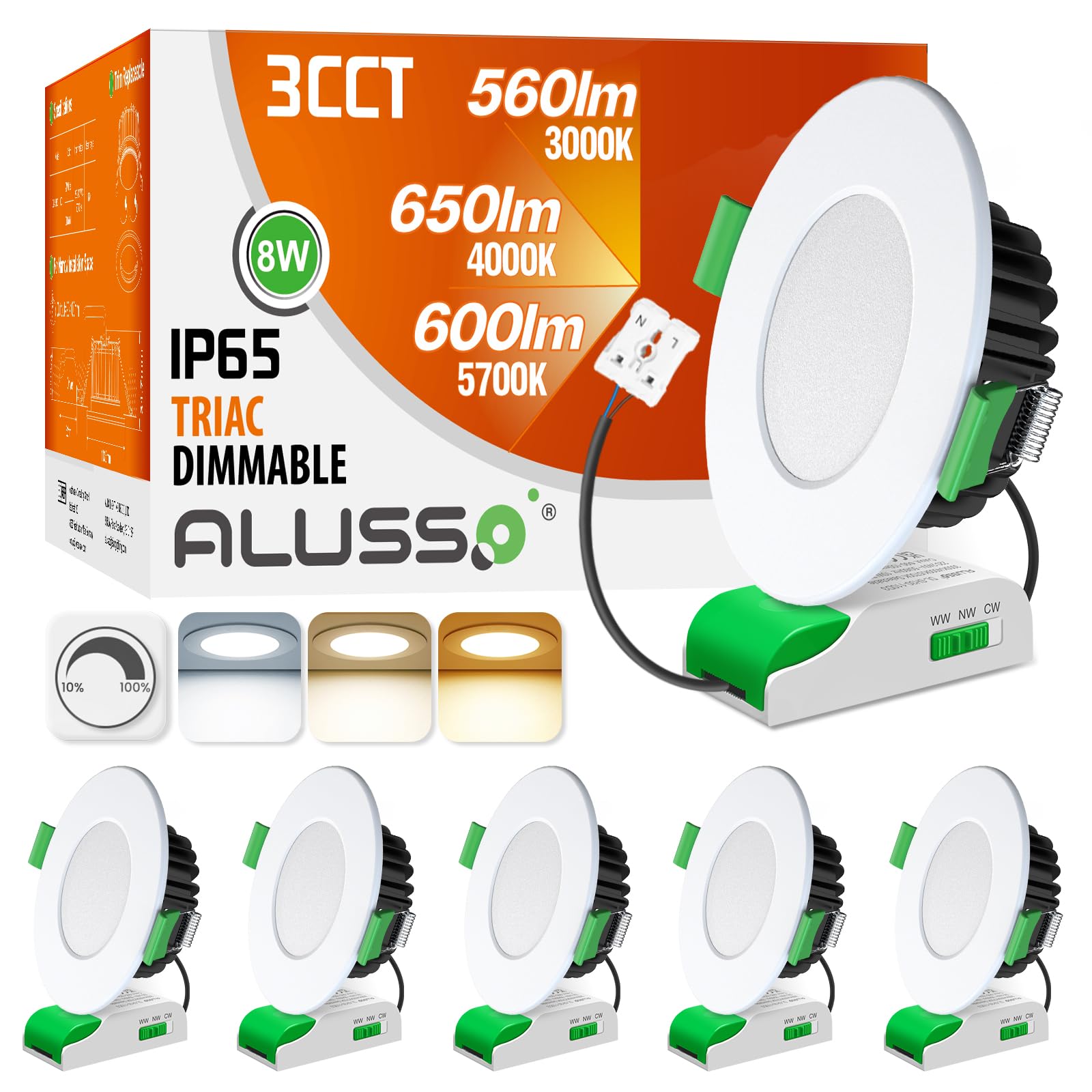 ALUSSO IP65 LED Downlights Ceiling Dimmable 8W Recessed Ceiling Lights Warm White 3000K Neutral White 4000K Cool White 5700K Adjustable Bathroom Kitchen Spotlights, White, 6 Pack — image 1