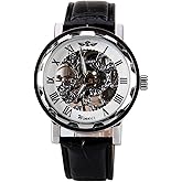 MASTOP Unisex Black Leather Stylish White Skeleton Dial Hand-Wind Up Mechanical Casual Wrist Watch