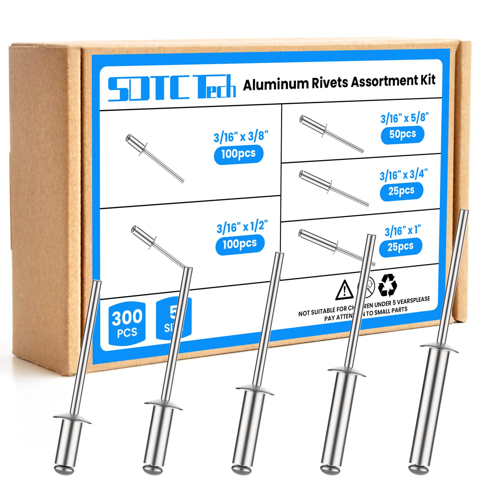 Sliver Rivets 300pcs Sliver Pop Rivets Assortment Kit, 5 Sizes Aluminum Rivets ...
