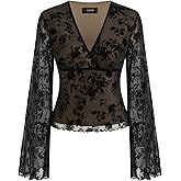 CIDER Women's Floral Mesh Long Sleeve Top V Neck Going Out Date Night Blouse