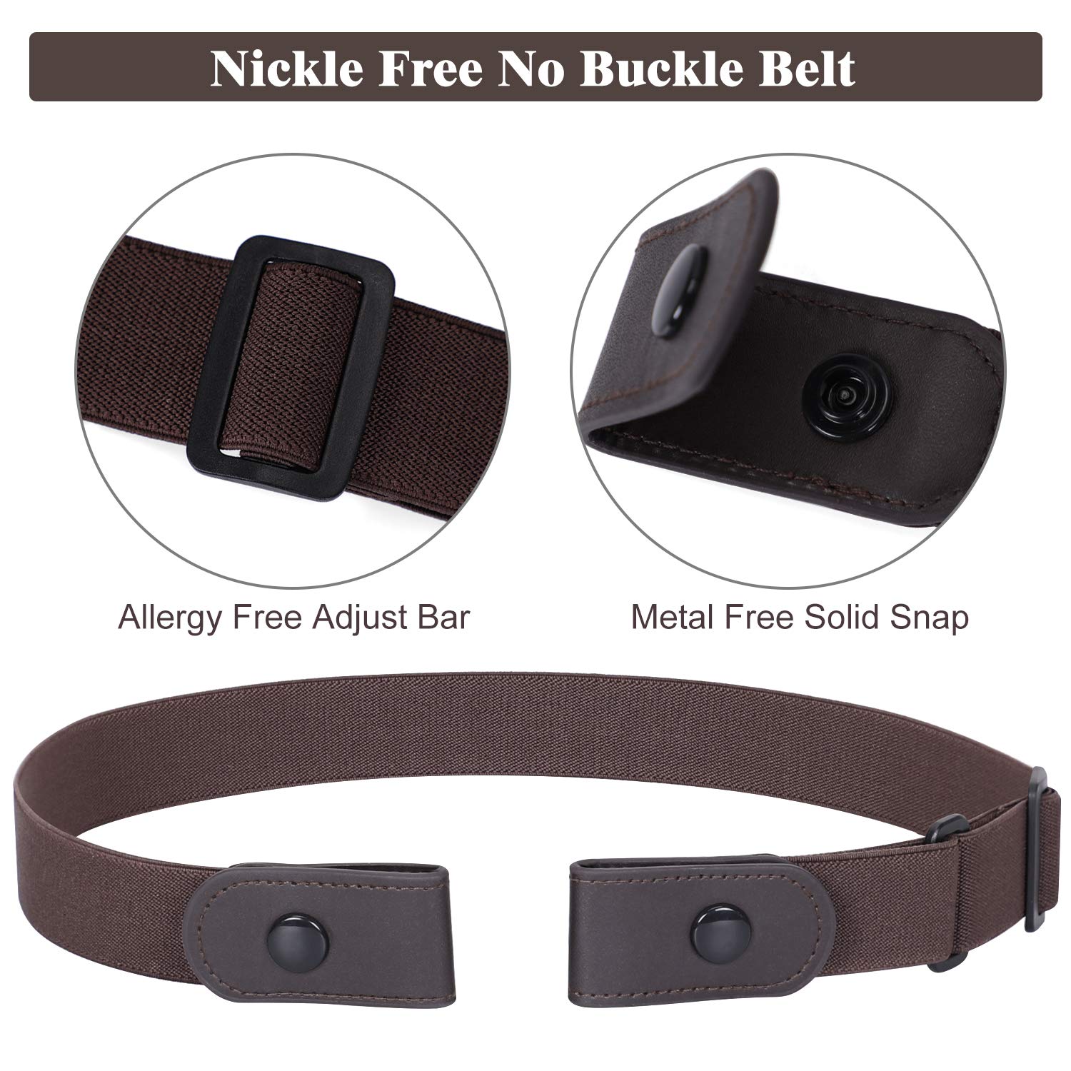 Nickle Free Metal Free Women No Buckle Invisible Stretch Belt For Jeans, Coffee, Large(Pants Size 34-48 Inches)