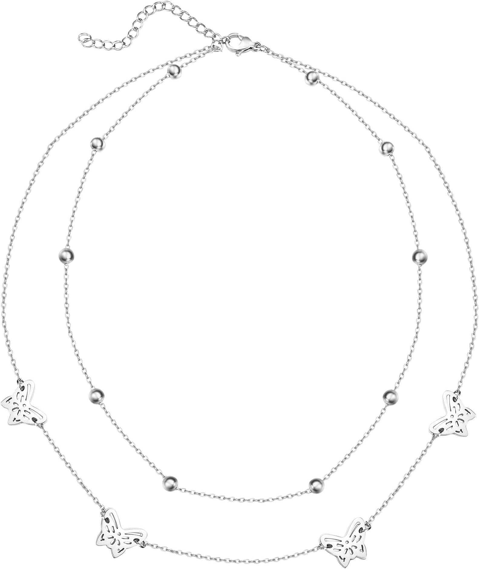 Women Stainless Steel Handmade Double Layer Butterfly Pendant Necklace Chain Jewelry,18"+2" Extender