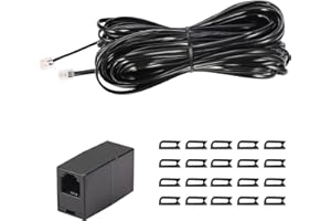 SEEFEFUL 50Feet Long Telephone Extension Cord Phone Cable Line Wire, with Standard RJ11 Plug and 1 in-Line Couplers and 20 Cable Clip Holders-Black (50 Feet)