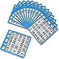 50-Pack Blue Reusable Bingo Cards with Unique Numbers for 50 Players - Family Bingo Game Accessories - Use with Clear Chips
