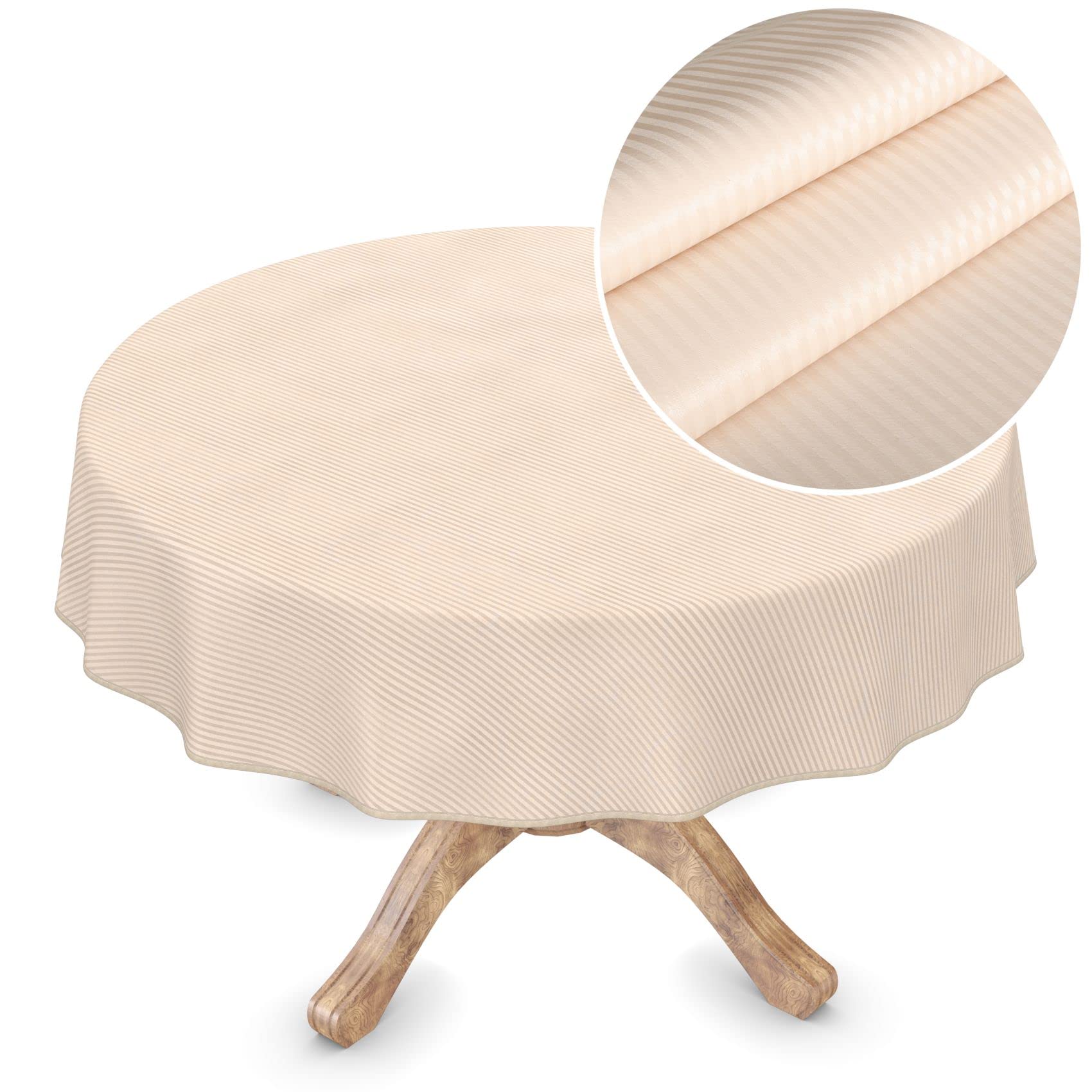 ANRO Premium Oilcloth Tablecloth Vinyl Oilcloth Tablecloth Washable Round 150 cm Stripes Cream Champagne Elegant Wipe Clean