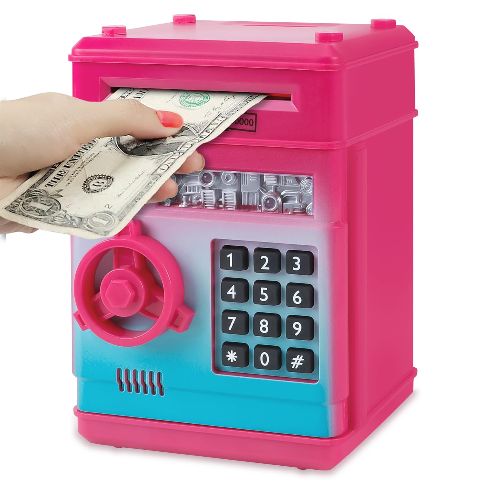 Photo 1 of Refasy Kids Piggy Bank for Girls, Password Money Saving Box Piggy Bank Toy, Cash Coin Safe ATM Bank for Kids 3 4 5 6 7 8 9 10 11 12 Year Old Gifts Toys for Boys Girls Birthday (Rose Red)