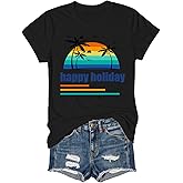 Women's Palm Trees Graphic T-Shirt - Loose Fit Short Sleeve Top for Summer Vacation, Happy Holidays & Casual Days