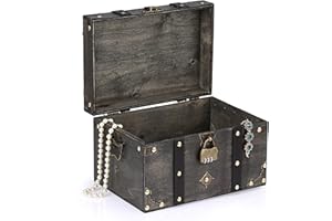 JuxYes Wooden Treasure Chest with Lock, Vintage Decorative Jewelry Keepsake Storage Box Jewelry Trinket Storage Organizer Woo
