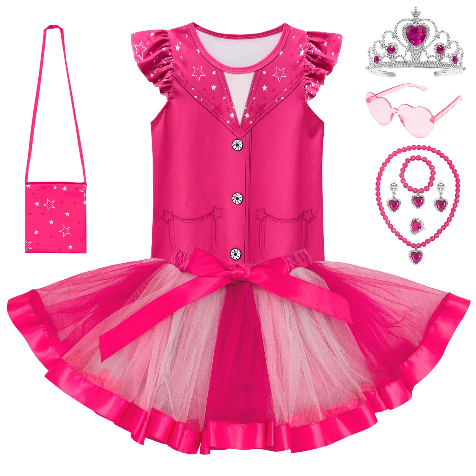 LZH Pink Costume for Girls Cowgirl Costume Rainbow Tutu Dress Set Cosplay Doll Movie Pink Heart Dress With Accessories