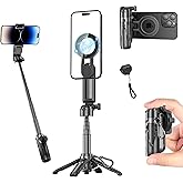 FOURPILLARS Magnetic Tripod Stand for iPhone, Mini Selfie Stick Tripod with Detachable Remote, Portable Cell Phone Tripod Stand Compatible with iPhone/Android, Live Streaming, Video Recording