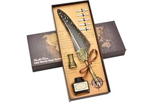 Hethrone Feather Pen Ink Set - Quill Pen and Ink Set Includes Calligraphy Pen, Pen Holder, 5 Replacement Nibs with Ink for Writing Letters, Signing, Invitations (Grey)