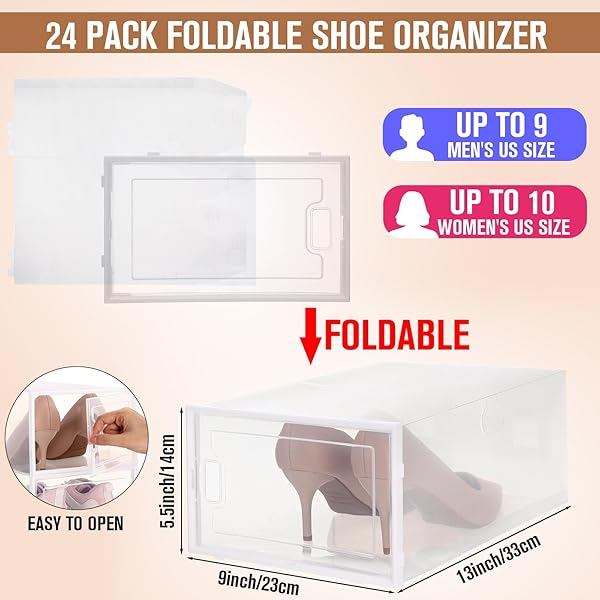 CROBLISSFUL 24 PACK LARGE SHOE STORAGE BOX FIT SIZE 10 SOFT PLASTIC CLOSET CLEAR SHOE ORGANIZER WITH LIDS, DETACHABLE STACKABLE CONNECTABLE HORIZONTALLY VERTICALLY FOLDABLE SNEAKER STORAGE BIN