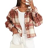 Darong Women's Cropped Fuzzy Fleece Jacket Shacket Button Down Plaid Leopard Jackets Warm Winter Soft Cozy Coat