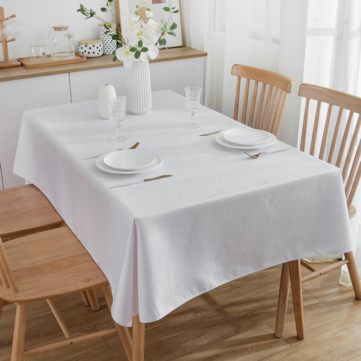 SPRICA Jacquard Tablecloth Water Resistance Solid Colour Heavy Weight Soft Table Cover, Machine Washable, Rectangle 300x150cm, White