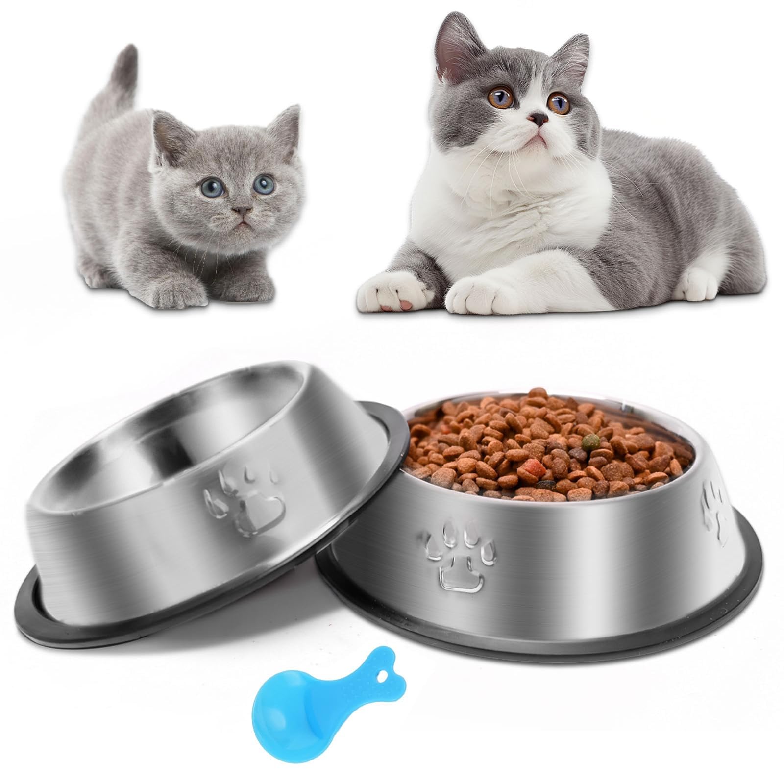 Stainless Steel Cat Bowl, 2 Pack Metal Dog Bowls for Food and Water, Non-Slip Pet Feeding Dish Bowl With Rubber Base for indoor Cats Small Dogs