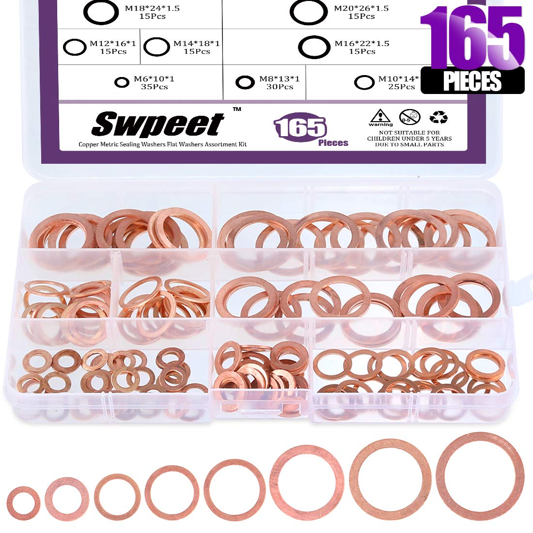 Swpeet 165Pcs 8 Sizes Copper Metric Sealing Washers Flat Washers Assortment Kit, Including M6 M8 M10 M12 M14 M16 M18 M20 Perfect for Electrical Connections