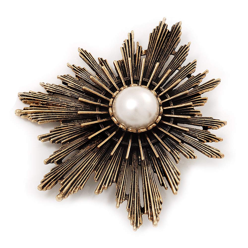 Large Vintage Bronze 'Star' Simulated Pearl Brooch