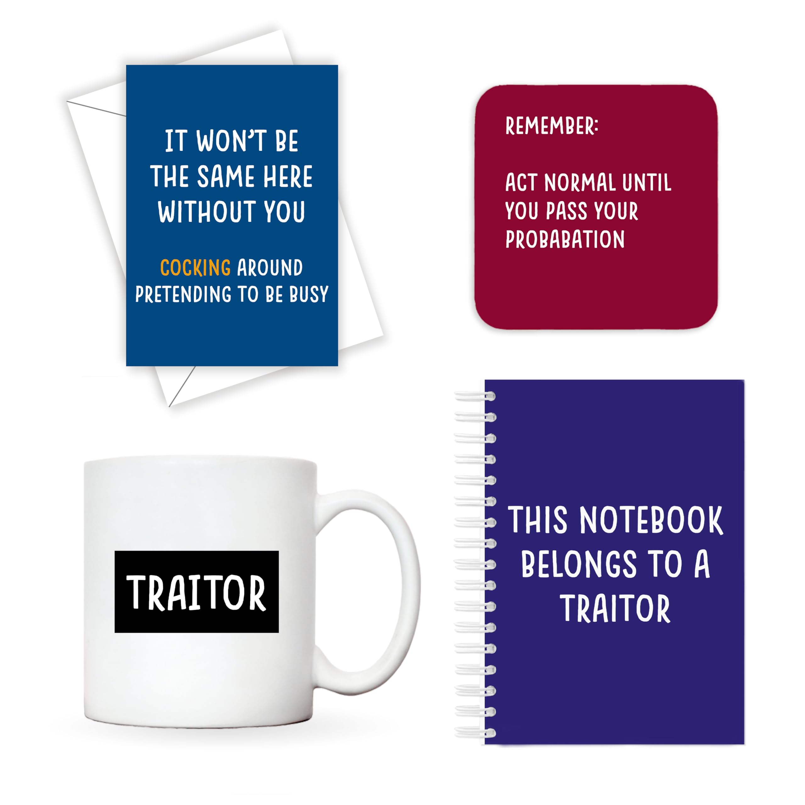 Cupid Stunt Leaving gifts for colleagues women or men good luck gifts for new job promotion, leaving present set, leaving card notebook coaster mug set